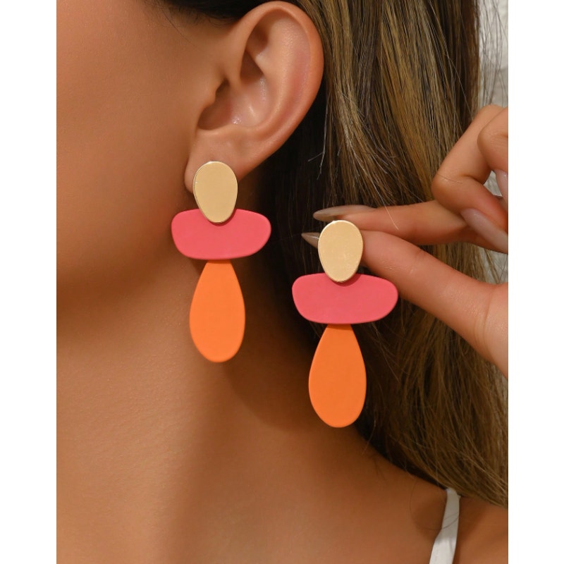 Modern Abstract Drop Earrings Gold, Pink & Orange Statement Lightweight